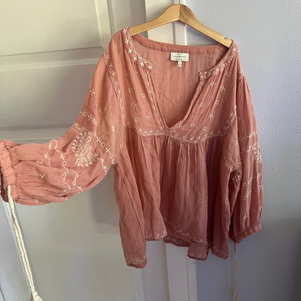 Lucky Brand Pink Embellished Long Sleeve Blouse